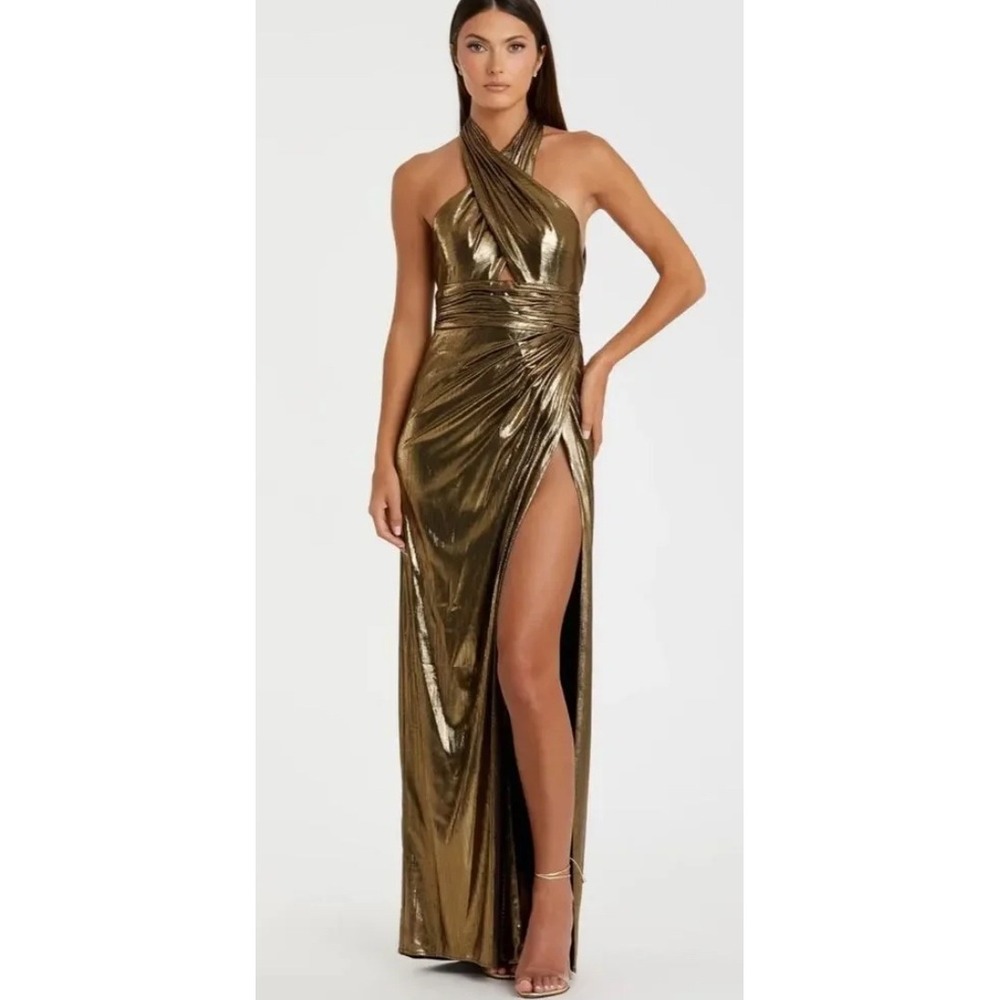 Ieena for Mac Duggal Gold Metallic Halter Gown High‎ Slit Formal Dress 14